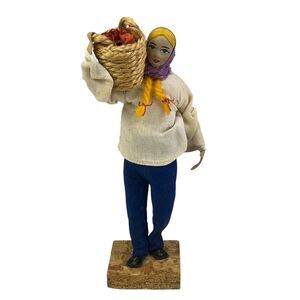 Sabra Israeli Doll Woman Folk Art Display Handmade Traditional 8" Wooden Basket